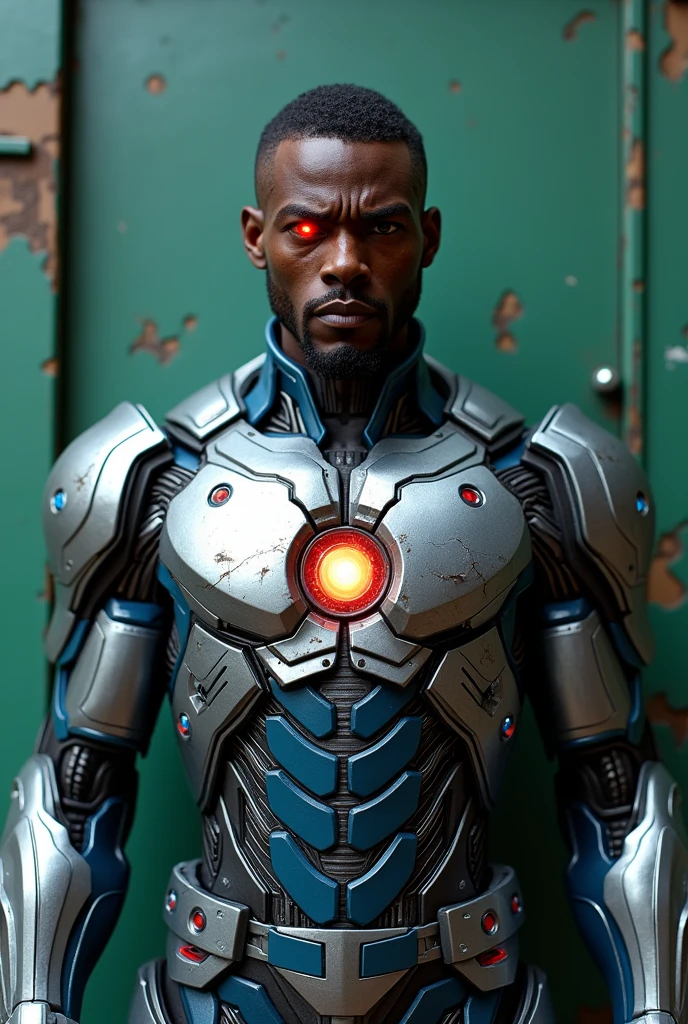 Create a realistic full body image of the marvel cyborg(front position, black man with very short hair, silver and blue armor with an old glowing circle on the chest, left eye cyborg red circular, part of the head is also cyborg and the other part is black human), de corpo inteiro, put a green wall in the background