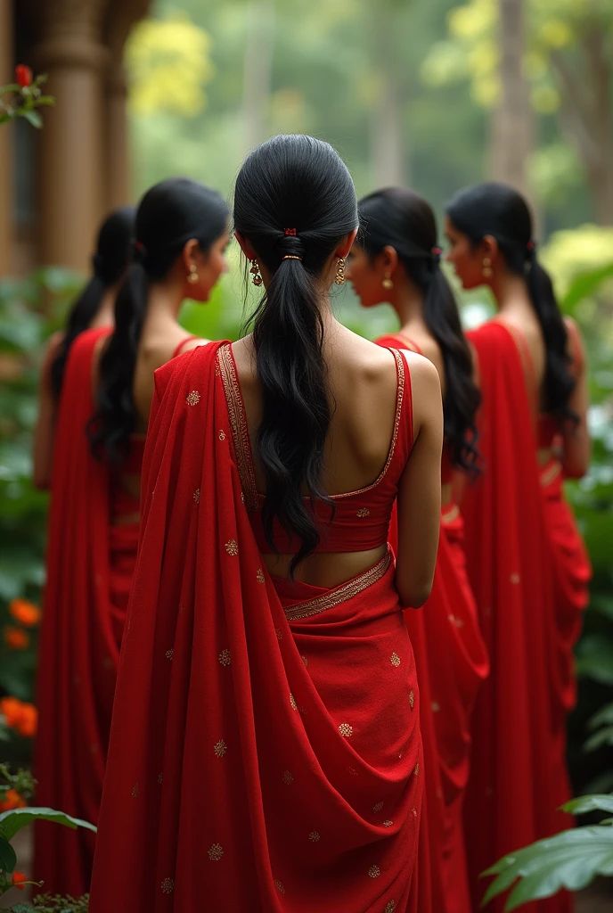 Indian women in red sari give back pose 