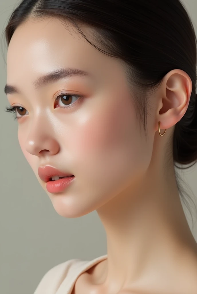 Generate a realistic image of a woman's face with a focus on highlighting her ear. The woman has a neutral, natural expression, with her hair pulled back or tucked behind her ear to ensure the ear is fully visible. Her skin is smooth and evenly toned, with soft lighting that emphasizes the contours and details of the ear. The ear is prominently featured without any earrings or accessories. The background is plain and unobtrusive, ensuring the main focus remains on the face and ear.











