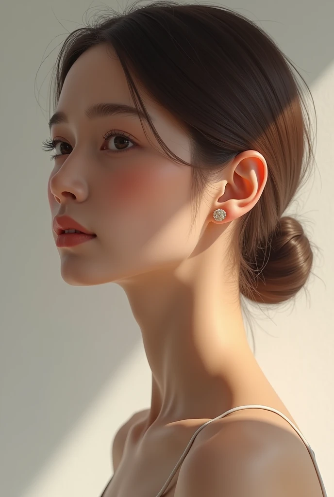 Generate a realistic image of a woman's face with a focus on highlighting her ear. The woman has a neutral, natural expression, with her hair pulled back or tucked behind her ear to ensure the ear is fully visible. Her skin is smooth and evenly toned, with soft lighting that emphasizes the contours and details of the ear. The ear is prominently featured without any earrings or accessories. The background is plain and unobtrusive, ensuring the main focus remains on the face and ear.