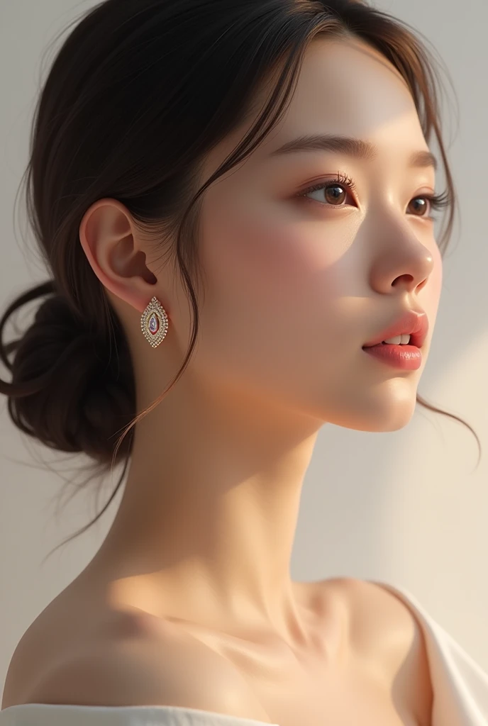 Generate a realistic image of a woman's face with a focus on highlighting her ear. The woman has a neutral, natural expression, with her hair pulled back or tucked behind her ear to ensure the ear is fully visible. Her skin is smooth and evenly toned, with soft lighting that emphasizes the contours and details of the ear. The ear is prominently featured without any earrings or accessories. The background is plain and unobtrusive, ensuring the main focus remains on the face and ear.