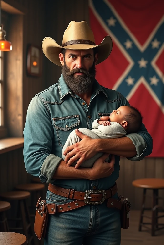 "A hyperrealistic image of a rugged man standing inside a classic Texan bar. The man is dressed in traditional Southern American attire, with a worn-out cowboy hat, denim shirt, and leather boots. He has the appearance of a tough Texan cattle rancher, with a thick beard and mustache typical of men from the region. In one arm, he is gently holding a newborn baby, while in the other hand, he confidently grips a large beer mug. Behind him, the Confederate flag is prominently displayed, adding to th