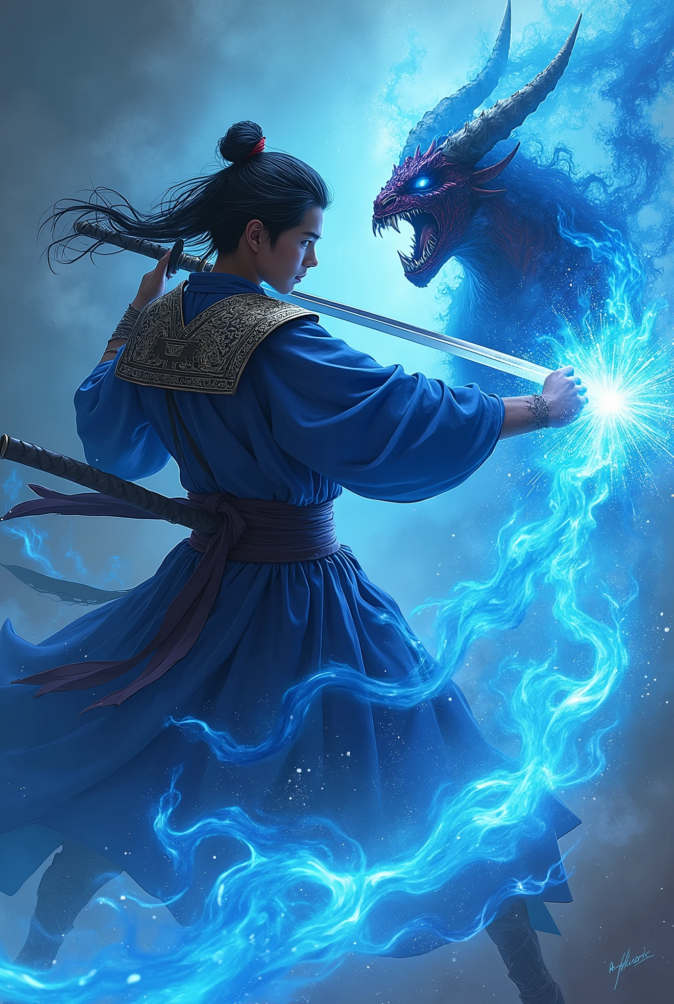 A 20-year-old boy with dark skin, and curly hair and samurai clothes, splitting a demon in half with a katana with blue fire,