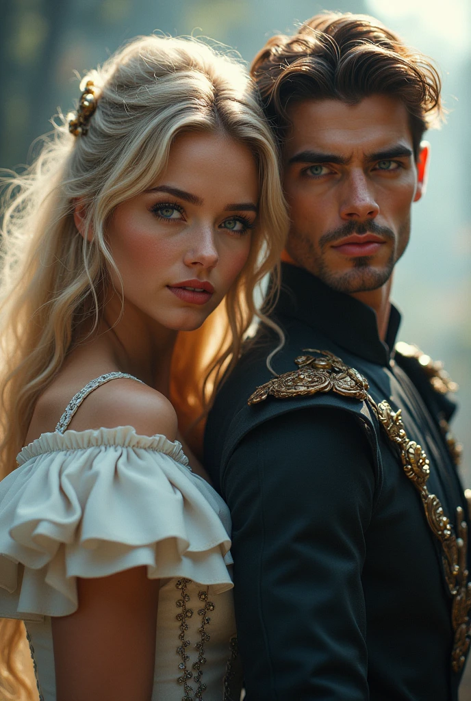 (solo, full body photo:1.3), (action packed:1.3), (haze, fog, mist:1.3), chiaroscuro, best quality, photorealistic of Full portraits of powerful princess and prince of Elvania.
The princess have hazel brown eyes, blonde hair, Pink lips, Oval face, Thick lashes, Classy style
Italian, Russian and English mix
The prince have bright blue eyes, Brunette hair, Pink lips, Thick lashes, Nice eyebrows, Well-built, Classy style
Italian, Russian, Irish mix