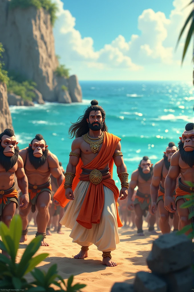 In cinematic 3d cartoon style “ "Ram and the Vanara Army": Depict Lord Ram standing on the shore with the Vanara army around him, ready to begin the construction of the bridge. The sea is visible in the background, highlighting the challenge ahead.