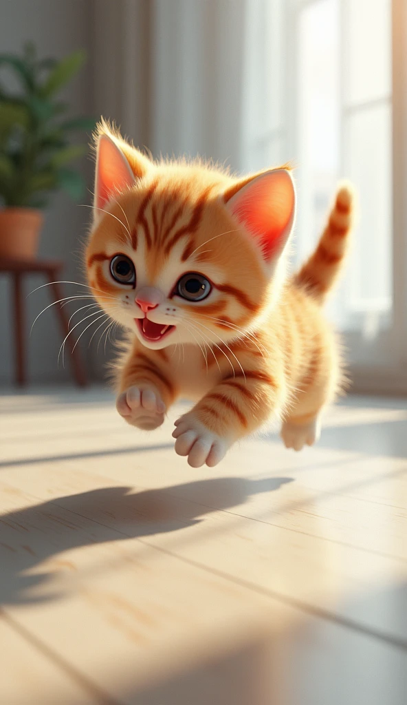 3d、Ultra HD、Side view、Digital Art、Realistic kitten、The kitten is running、Converging lines from the side