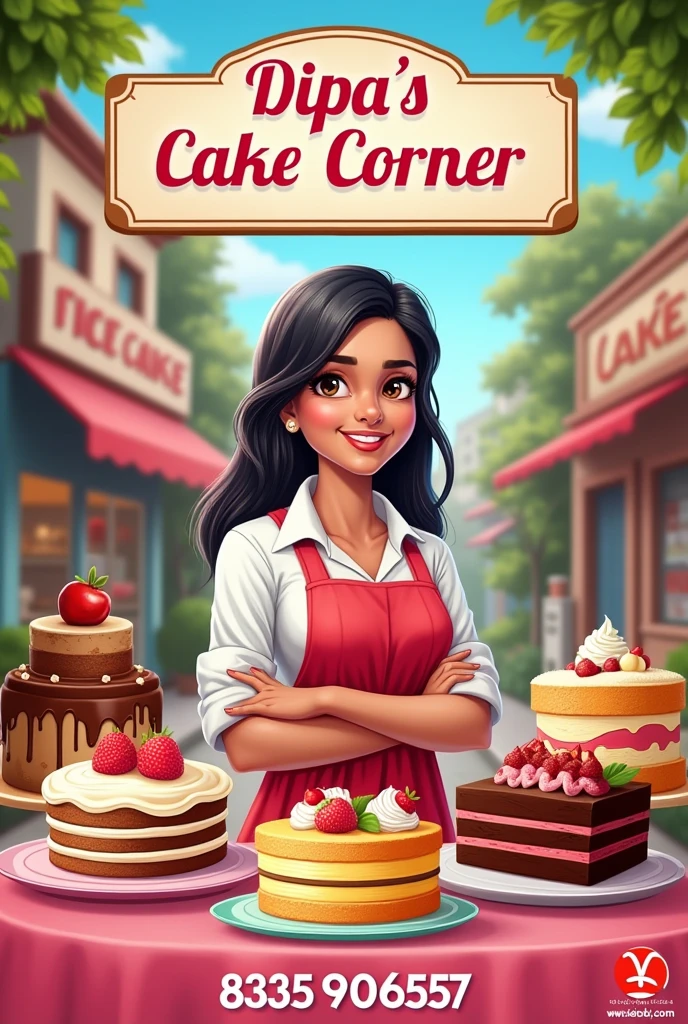 Make a poster of a cake shop name DIPA'S CAKE CORNER where you will get all types of fresh cake and you contact in 8535906597 this number for order and owner is Dipa Saha