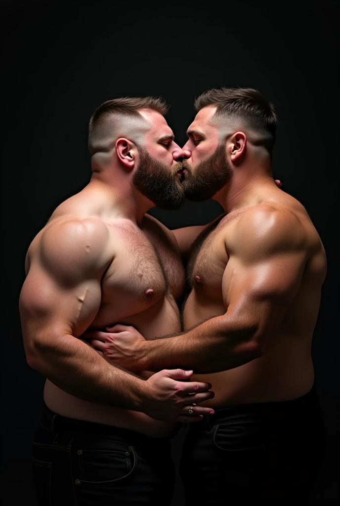 "8KUHD Very Realistic Very Detailed High Quality Create a professional studio-style photograph featuring two 4 men, burly, hairy, beared big daddy bear, and very realistic detailed rugged man and his husband in boxers. beards, very realistic hair, very realistic beards, very realistic thick chubby neck, very realistic neck details, very realistic neck lines, very realistic belly, very realistic chest, very realistic strong chest and arms, very realistic hairy chest and arms, very realistic pecs, very realistic burly body, very realistic nipples, very realistic burly body, very realistic face, very realistic eyes, very realistic nose, very realistic ears, very realistic facial features, very realistic arms, very realistic hands, very realistic wrists, very realistic fingers, very realistic fingernails, very realistic shoulders, very realistic mouth, very realistic lips, very realistic detailed skin, very realistic skin, very realistic mens clothing, very realistic detailed mens clothing. A very realistic man and his husband are kissing each other, very realistically kissing each other, in a very realistic romantic and virile scene. Very Realistic Intricately Detailed, Utilize all appropriate lighting techniques for studio photography. The background should be black." No Deformities, HDR