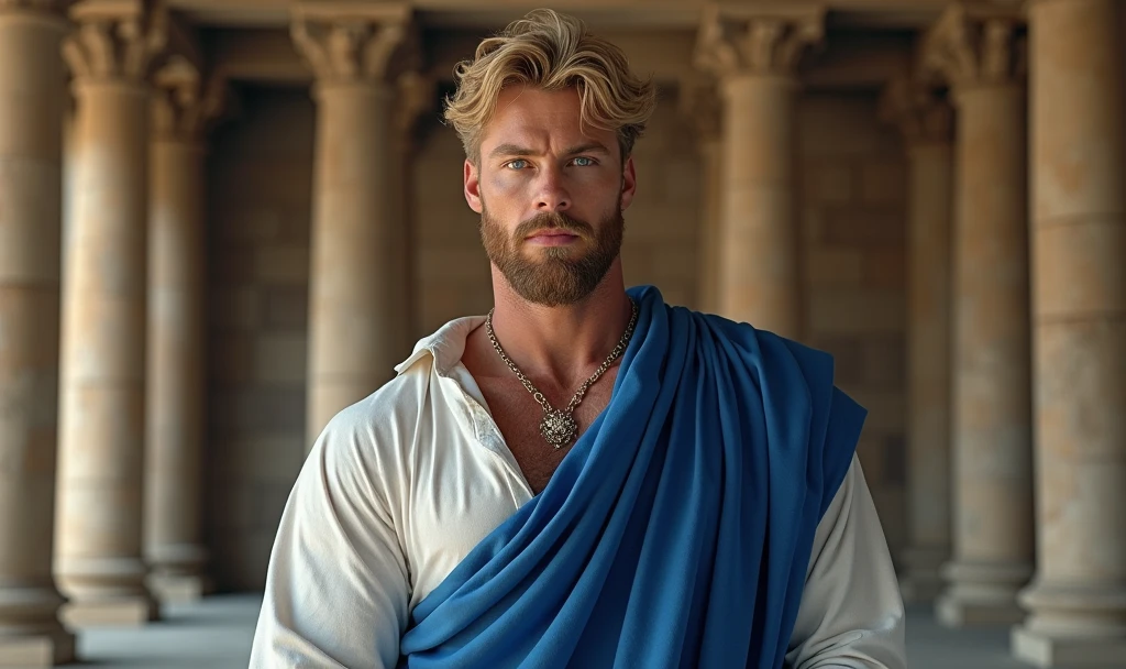 ((thor)), (man:1.5),1 man,male, muscle, 1 chico, muscle, pectoral, muscular, Mature man, 25 years,1 man,macho man,perfect body,an extremely delicate and beautiful detailed face,((by blond,cute hairstyle,short by blond)),(((blonde very short beard, blonde very short beard))), (((blue_eyes:1.3))),Intricate eyes,beautiful detailed eyes,symmetrical eyes,perfect face, cute hairstyle,perfect proportions, thick, ((detailed face)),macho man, (male Caucasian Prince),Prince, (((shiny skin:1.5,tanned skin,shiny skin: 1.5,tanned skin,shiny skin,very shiny skin,shiny body))),powerful,heroic,NSFW, Caucasian,elegant, (open to that, Arabic fashion,Arabic for that, Cowboys,White shirt, Masculine traits, modern style,Arabic clothing),(((blue toga, blue toga suit, wearing a blue toga:1.3,arab blue toga))),(arabic jewelry,Intricate necklace),((bulge in pants)),(((Intricate outfit,Intricate clothes,embellished suit))), (dynamic pose:1.0),ashamed,(centered,Scale to fit dimensions,rule of thirds), inside,interior,((room in a greek temple:1.3,columns of a greek temple:1.3)),scenery:1.25,((Intricate scenery)),((winter decorations)), (Bright winter decorations),High resolution,sharp focus,(ultra detailed,extremely detailed),(photorealistic artwork:1.37),(extremely detailed CG unity 8k wallpaper),(((vibrant colors,vibrant theme))),(Intricate),(masterpiece),(Best Quality),