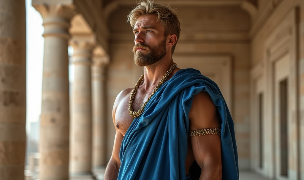 ((thor)), (man:1.5),1 man,male, muscle, 1 chico, muscle, pectoral, muscular, Mature man, 25 years,1 man,macho man,perfect body,an extremely delicate and beautiful detailed face,((by blond,cute hairstyle,short by blond)),(((blonde very short beard, blonde very short beard))), (((blue_eyes:1.3))),Intricate eyes,beautiful detailed eyes,symmetrical eyes,perfect face, cute hairstyle,perfect proportions, thick, ((detailed face)),macho man, (male Caucasian Prince),Prince, (((shiny skin:1.5,tanned skin,shiny skin: 1.5,tanned skin,shiny skin,very shiny skin,shiny body))),powerful,heroic,NSFW, Caucasian,elegant, (open to that, Arabic fashion,Arabic for that, Cowboys,White shirt, Masculine traits, modern style,Arabic clothing),(((blue toga, blue toga suit, wearing a blue toga:1.3,arab blue toga))),(arabic jewelry,Intricate necklace),((bulge in pants)),(((Intricate outfit,Intricate clothes,embellished suit))), (dynamic pose:1.0),ashamed,(centered,Scale to fit dimensions,rule of thirds), inside,interior,((room in a greek temple:1.3,columns of a greek temple:1.3)),scenery:1.25,((Intricate scenery)),((winter decorations)), (Bright winter decorations),High resolution,sharp focus,(ultra detailed,extremely detailed),(photorealistic artwork:1.37),(extremely detailed CG unity 8k wallpaper),(((vibrant colors,vibrant theme))),(Intricate),(masterpiece),(Best Quality),