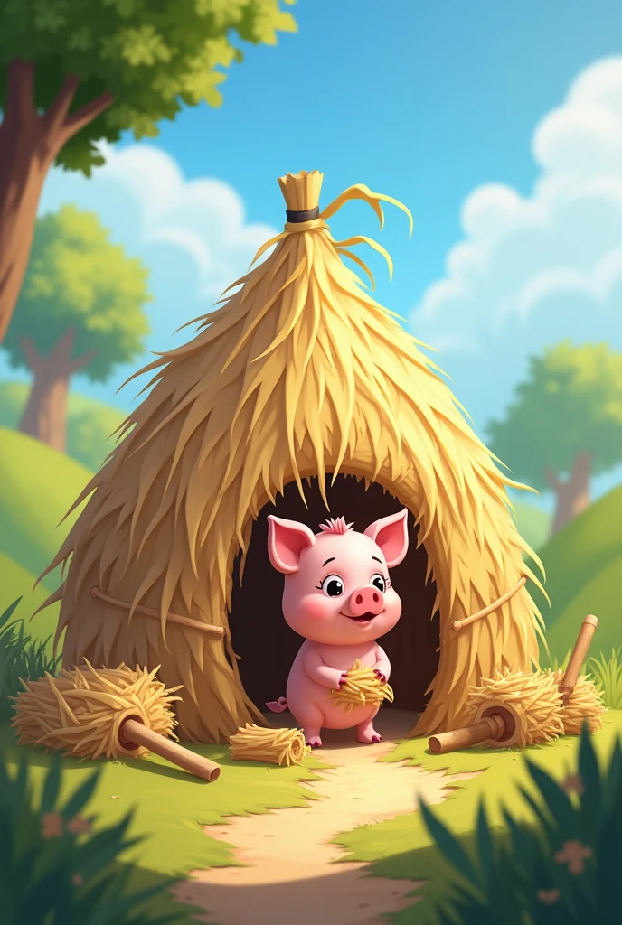 pig building a straw hut