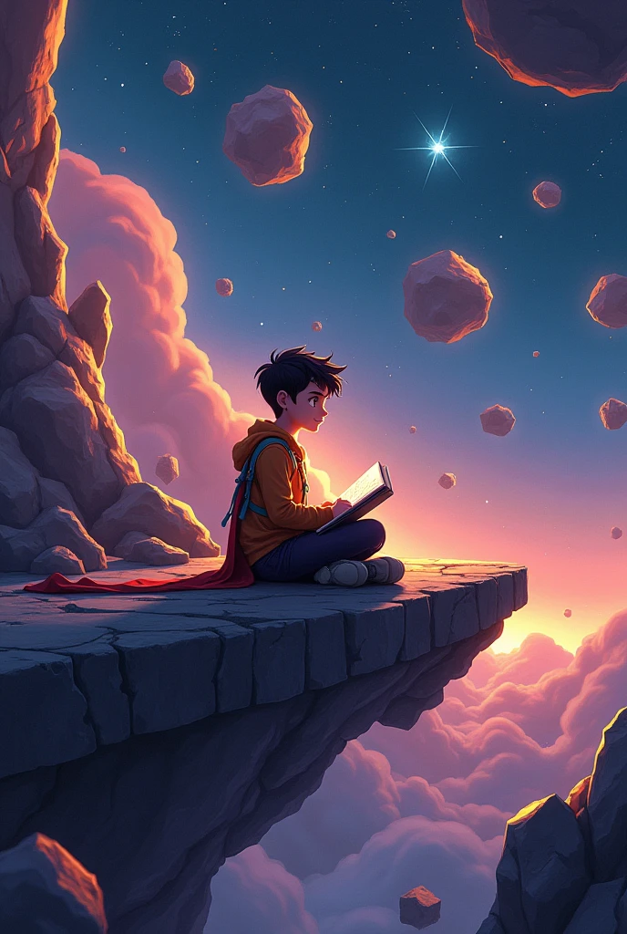 Desenhe um jovem programador, sitting on a research platform floating in the middle of an asteroid belt. He is studying with a notebook, surrounded by several asteroids glowing with fiery auras. Dramatic lighting from distant stars and planets illuminates the scene, casting deep shadows on the costume. O jovem parece confiante e determinado, looking at the vast and mysterious universe with awe and respect, photo the cowboy, the image must be in Cartoon