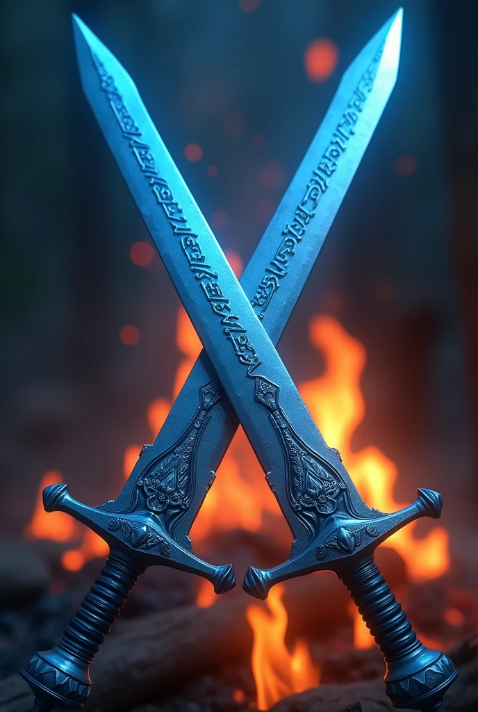 Two Swords Crossed Without Hands,  blue color , with gray and silver on the blade , Yeshua written on the blade if another fire
