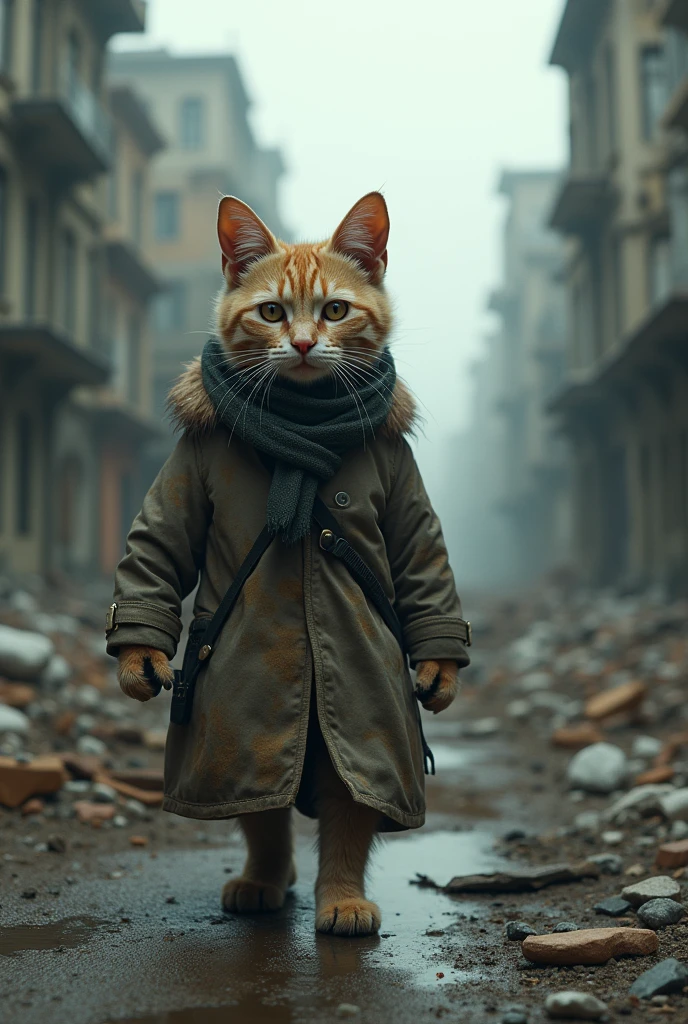 A survivor cat in human clothes walks through a destroyed city, post-apocalyptic, S.T.A.L.K.E.R, hyper detailed, hyper realism, 8K