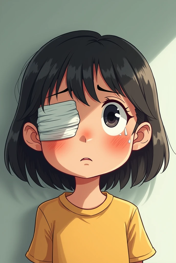 Cartoon girl crying with a cloth wrap around its eye