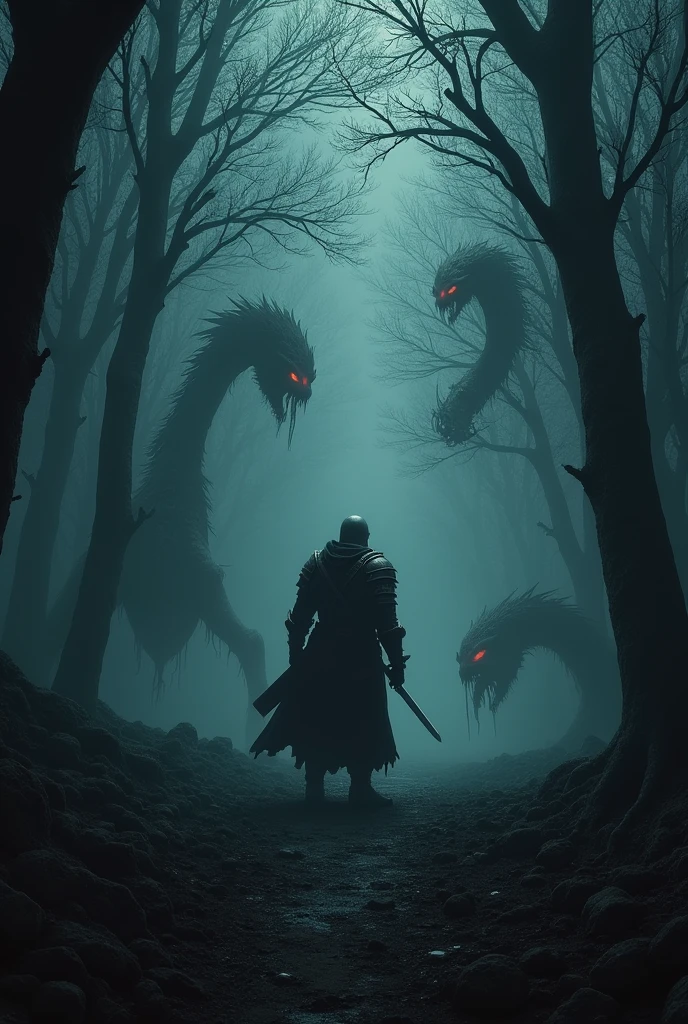 (photoréalisme:1.2), Un guerrier dans les tenebres, une foret noir, des monstres autour, ambiance effrayante, nuit noire tenebre