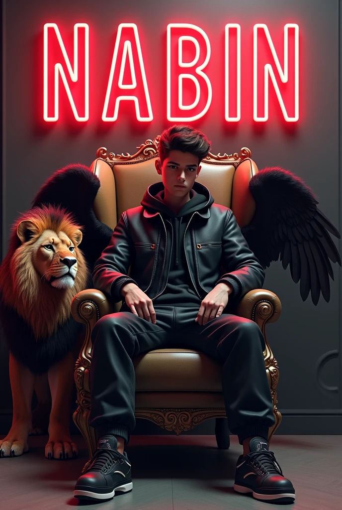 Create a 3D illustration for a profile picture where a 2 smart boy in a black jacket sitting casually on a King of Beasts Throne chair. With a rifle on hand. And a ferocious Lion by my side. Wearing sneakersm He looks ahead. The Background features "NABIN " in big and capital red neon light fonts on the dark grey wall. There should not be his shadow, and there are wings to make it appear as if he is an angel.