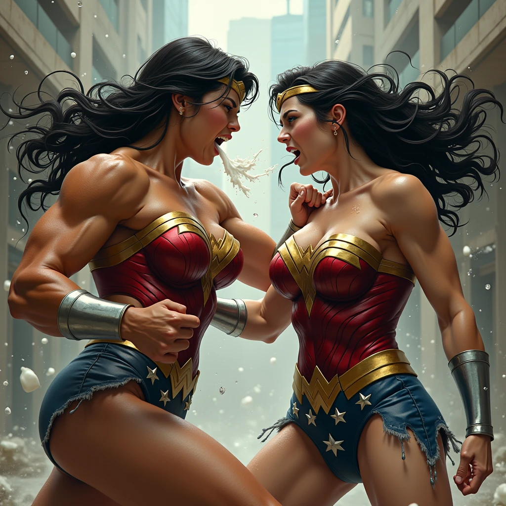 (sweaty)(muscular)A very sweaty Super Girl is punching a very sweaty muscular Wonder Woman in the gut. Wonder Woman is very hurt and she spit out a lot of milk. Lot and Lot of water continously dropping from her mouth to the floor. There is lot of sweat on her muscular body. She's coughing and breathing hard.