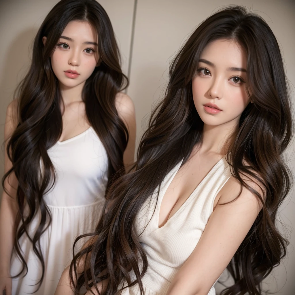 An 1 girl with long wavy hair and who is brunette.