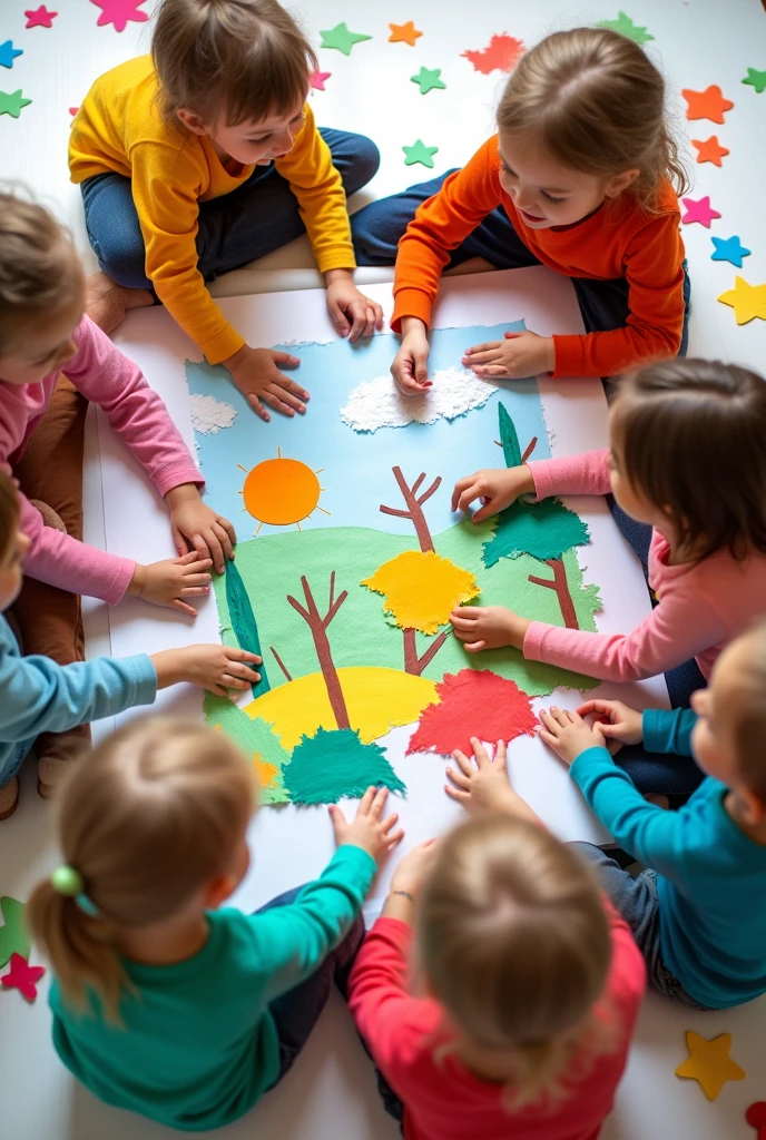 A scene of young children, ages 4 to 6, creating a landscape collage using only their hands to tear colored paper. The children are sitting around a large sheet of paper, tearing bright, uneven pieces of paper to form simple shapes of trees, sun, clouds, and grass. The torn edges are irregular, reflecting the playful and spontaneous nature of the activity. The background shows scattered torn paper and glue, with children happily arranging their torn pieces to build the scene.