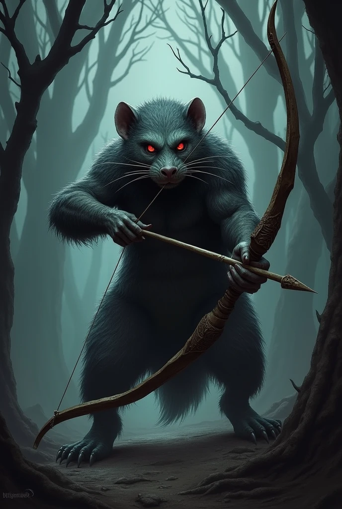 Anthropomorphic Mole gloom stalker ranger with a long bow.  Lurking in the shadows