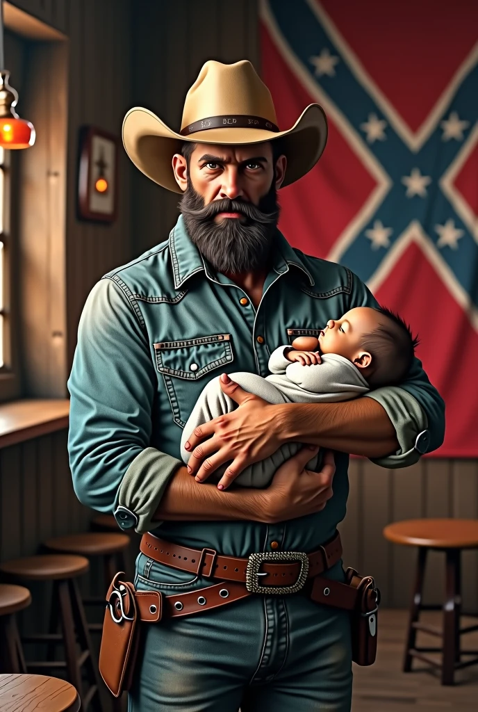 "A hyperrealistic image of a rugged man standing inside a classic Texan bar. The man is dressed in traditional Southern American attire, with a worn-out cowboy hat, denim shirt, and leather boots. He has the appearance of a tough Texan cattle rancher, with a thick beard and mustache typical of men from the region. In one arm, he is gently holding a , while in the other hand, he confidently grips a large beer mug. Behind him, the Confederate flag is prominently displayed, adding to th