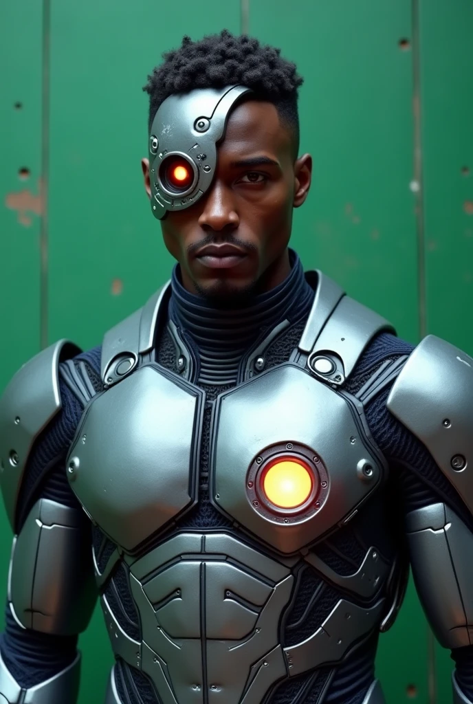 Create a realistic image of the Marvel cyborg(front position, black man short hair, silver and blue armor with an old glowing circle on the chest, left eye cyborg red circular, part of the head is also cyborg and the other part is black human), de corpo inteiro, put a green wall in the background