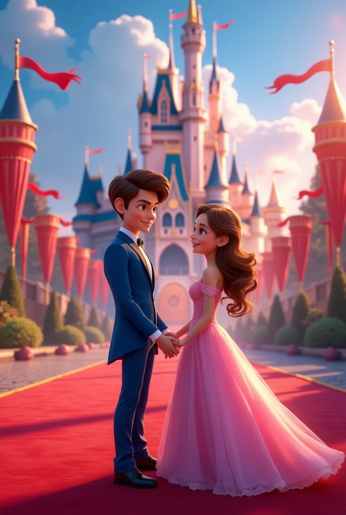 Create a disney couple animated avtar full body image where both are holding each other's hand, wearing blue and pink luxury dress and standing on red carpet , in background the chair of a king with full castle background with flags. Make name visible and clear In background the name "GauravEk ❤️ Sophie" bold and glowing, showing in bold reflection in shadows, place this name just above their head.