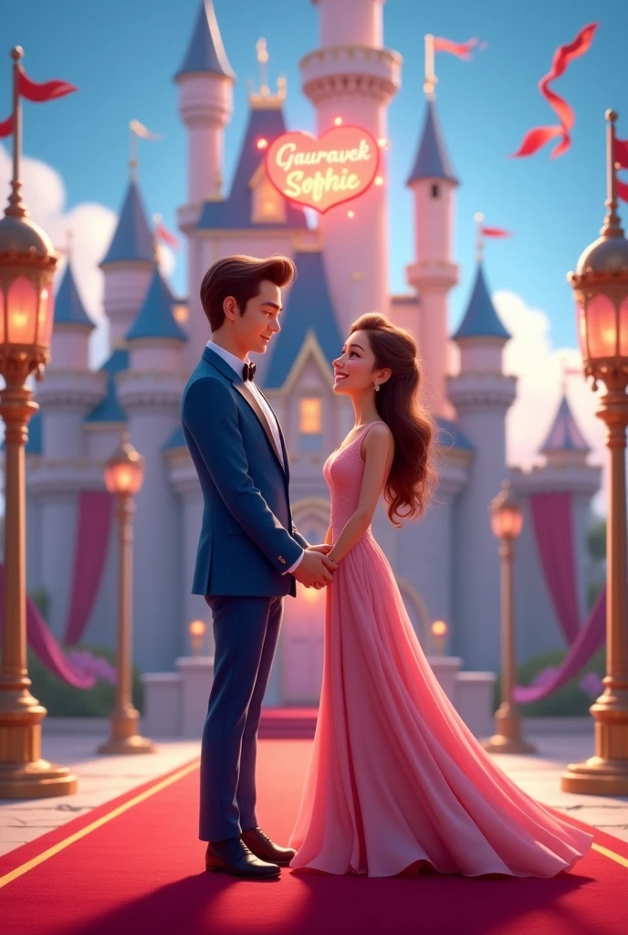 Create a disney couple animated avtar full body image where both are holding each other's hand, wearing blue and pink luxury dress and standing on red carpet , in background the chair of a king with full castle background with flags. Make name visible and clear In background the name "GauravEk ❤️ Sophie" bold and glowing, showing in bold reflection in shadows, place this name just above their head.