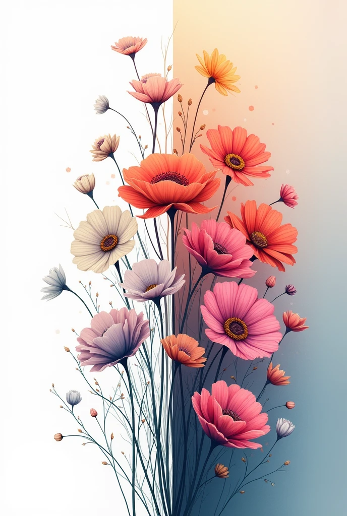 Create an illustration divided into two halves: the left half with flowers in a linear style, as if hand-drawn with clear outlines and fine details; the right half with the same flowers, but in a painted style, full of vibrant colors and soft textures. The transition between the two halves should be smooth and harmonious