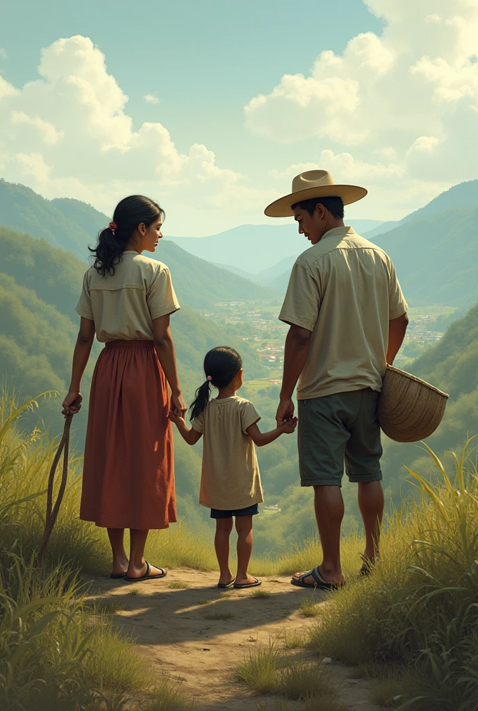 I am the way, peace and life, landscape, includes a Latin American family in work clothes, includes a woman and a girl, a man and a boy, in a distant village