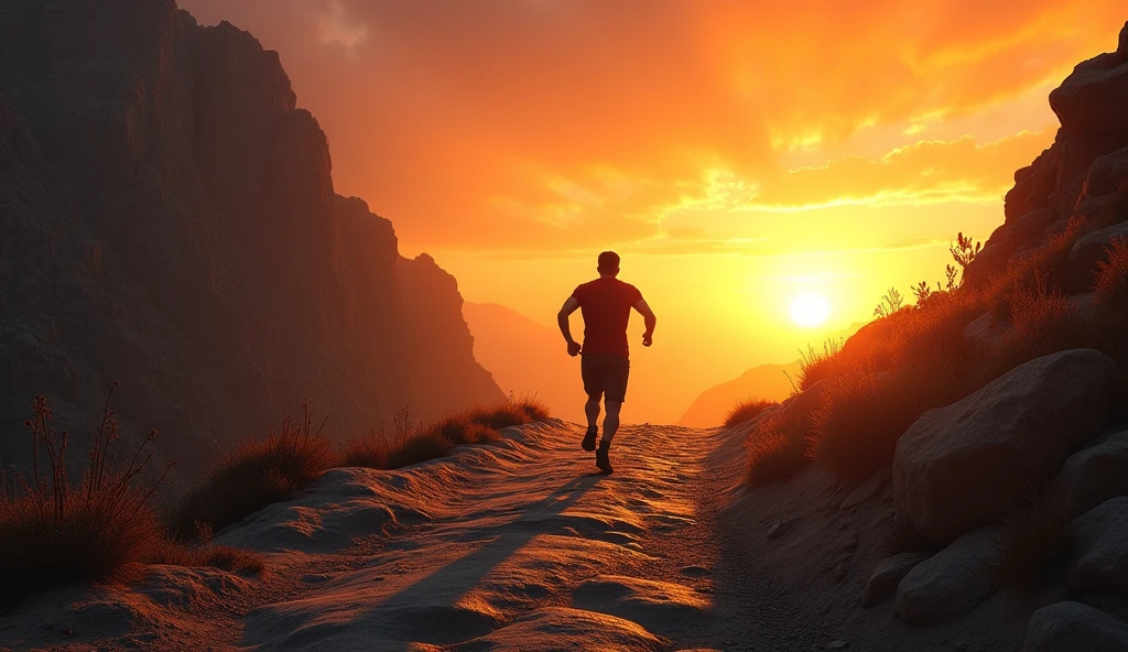 Create a realistic image wher : A sunrise illuminating a rugged path with a lone figure running uphill, their body glowing with determination, symbolizing daily struggle and persistence.