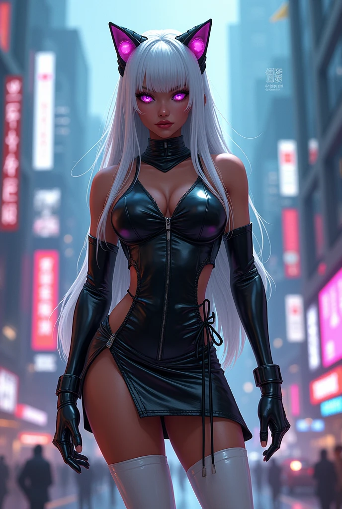 A young and pretty girl with dark skin, very big breasts, long white hair with bangs, and eyes of a vibrant violet color. She wears a black latex bodysuit that hugs her figure., accompanied by a latex skirt of the same color, open on one side and tied with a side cord. Her thigh-high boots are a bright white that contrasts with the black of the latex.. It has mecha style cat ears, giving it a futuristic and peculiar touch. His expression is smiling and his look is challenging., showing confidence and boldness. It is located in a cyberpunk environment, with neon lights in pink and blue tones, Futuristic style buildings with giant screens and light mist reflecting the colors of the city. The background has details like cables, Holograms and small drones flying around, completing the technological and dystopian atmosphere.