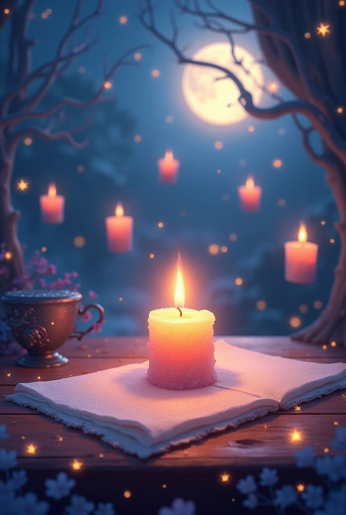 a candle sitting on top of a piece of paper, candle, candle volumetric, fantasy sticker illustration, candle lightning, floating candles, etsy stickers, holo sticker, moon and candle, sticker illustration, the candle is on a wooden table, die - cut sticker, night with moon and candle, holding a candle, die cut sticker, candles, dream atmosphere