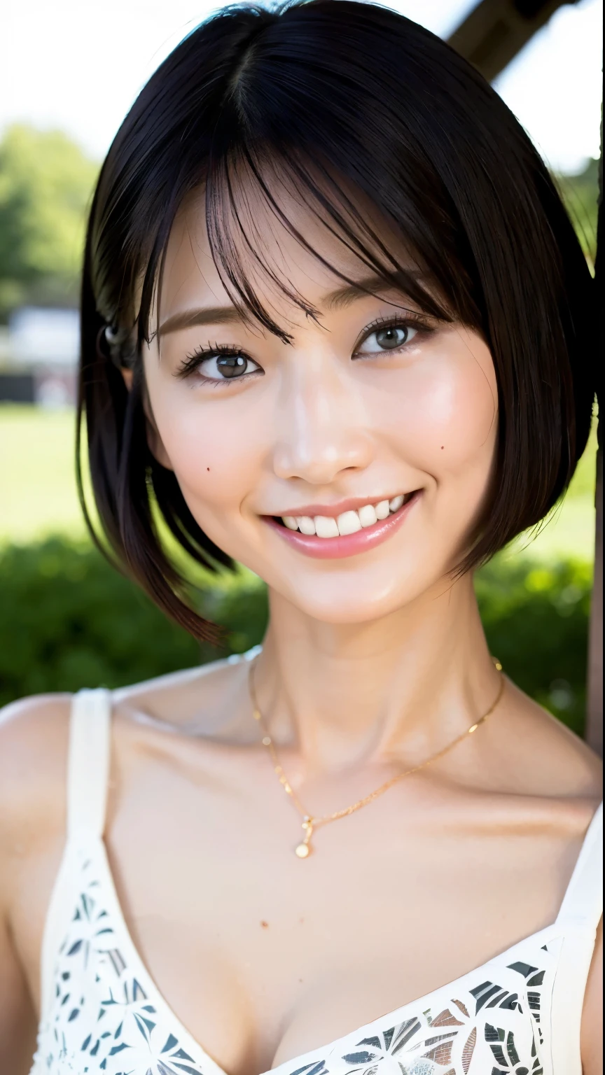 (Highest quality, 8k, 32K, masterpiece, Ultra-high resolution: 1.2), 1 girl, 1, Beautiful perfect face, Clean Japan, big, holiday, A kind smile, Narrow waist, Beautiful Eyes, Intricate details, Fine skin, short hair,A light smile