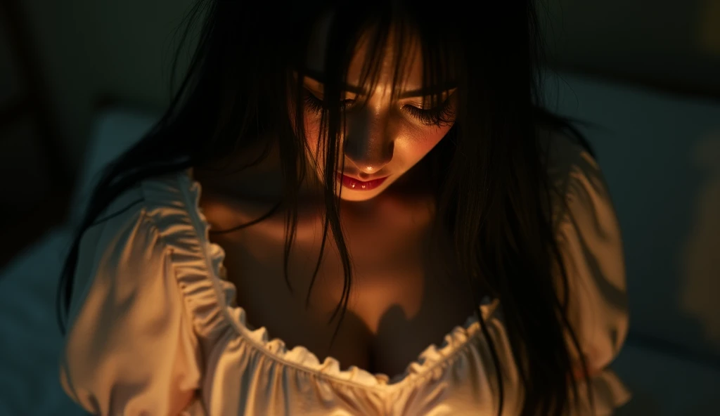 Cinematic. A detailed profile photo depicts a young woman, focusing on the upper torso and head area. The woman has long, straight black hair that flows down, partially obscuring the face. The hair is depicted with detailed strands, some of which cover parts of the woman's face. The woman is wearing a white ruffled nightgown with delicate frills along the collar and sleeve edges. The fabric appears soft and is slightly creased, indicating movement or tension. The warm lighting is soft but casts shadows that enhance the contours of the face and fabric, giving depth to the image. The background is dark, contrasting with the lighter tones of the skin and clothing. The overall mood is intense, as the character's posture suggests fear or deep thought, with the head bowed and hair falling forward.