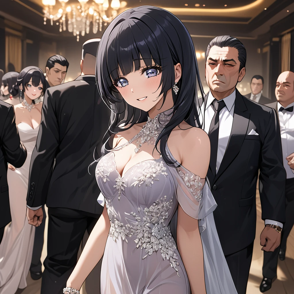 ((Highest quality)), ((masterpiece)), (detailed), (Perfect Face)、The woman is Reika Aoki, the wife of a mafia boss, with medium-long black hair and an engagement ring.、The woman is wearing a gorgeous mafia-like party dress at a luxurious party venue and is being escorted by a mafia boss.、The woman is happily escorted by the mafia boss, making them seem like a happy couple.
