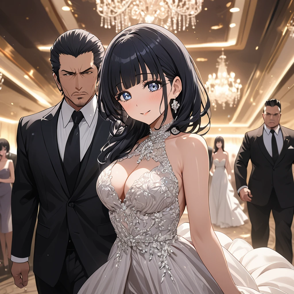 ((Highest quality)), ((masterpiece)), (detailed), (Perfect Face)、The woman is Reika Aoki, the wife of a mafia boss, with medium-long black hair and an engagement ring.、The woman is wearing a gorgeous mafia-like party dress at a luxurious party venue and is being escorted by a mafia boss.、The woman is happily escorted by the mafia boss, making them seem like a happy couple.