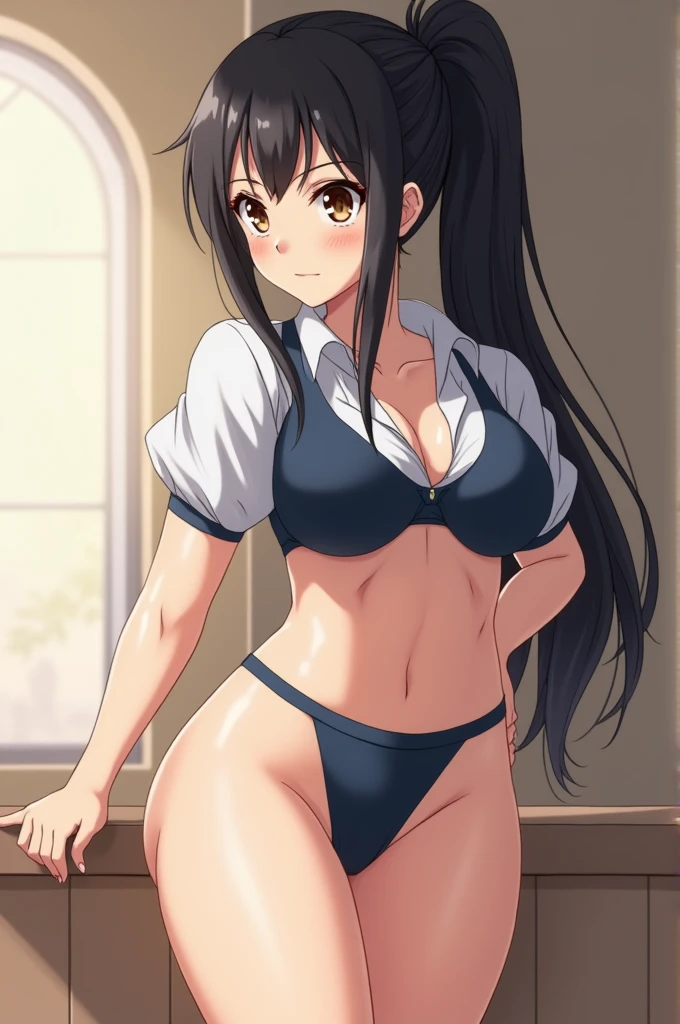 Creat anime image of a mom ?????????? who is a strikingly beautiful woman in her late thirties. Her long, silky black hair is usually tied back in a ponytail, framing her heartshaped face. Her skin is smooth and pale, with a healthy glow. Her eyes are a deep brown, framed by long lashes that flutter when she's nervous.

Her body is curvaceous and mature. Her ??????? are large and full, straining against the confines of her tiny crop top. Her waist is relatively slim, accentuating the flare of her wide ????. Her thighs are thick and shapely, leading down to toned calves. Her most prominent feature is undoubtedly her huge, round bottom  perfectly shaped and impossibly perky for a woman her age. Show her in very short school uniform. Very very short. That her i can see her ???? cheeks bottom and lower ?????. 
