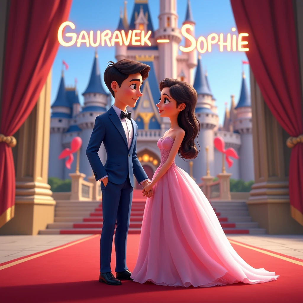 Create a disney couple animated avtar full body image where both are holding each other's hand, wearing blue and pink luxury dress and standing on red carpet , in background the chair of a king with full castle background with flags. Make name visible and clear In background the name "GauravEk ❤️ Sophie" bold and glowing, showing in bold reflection in shadows, place this name just above their head.