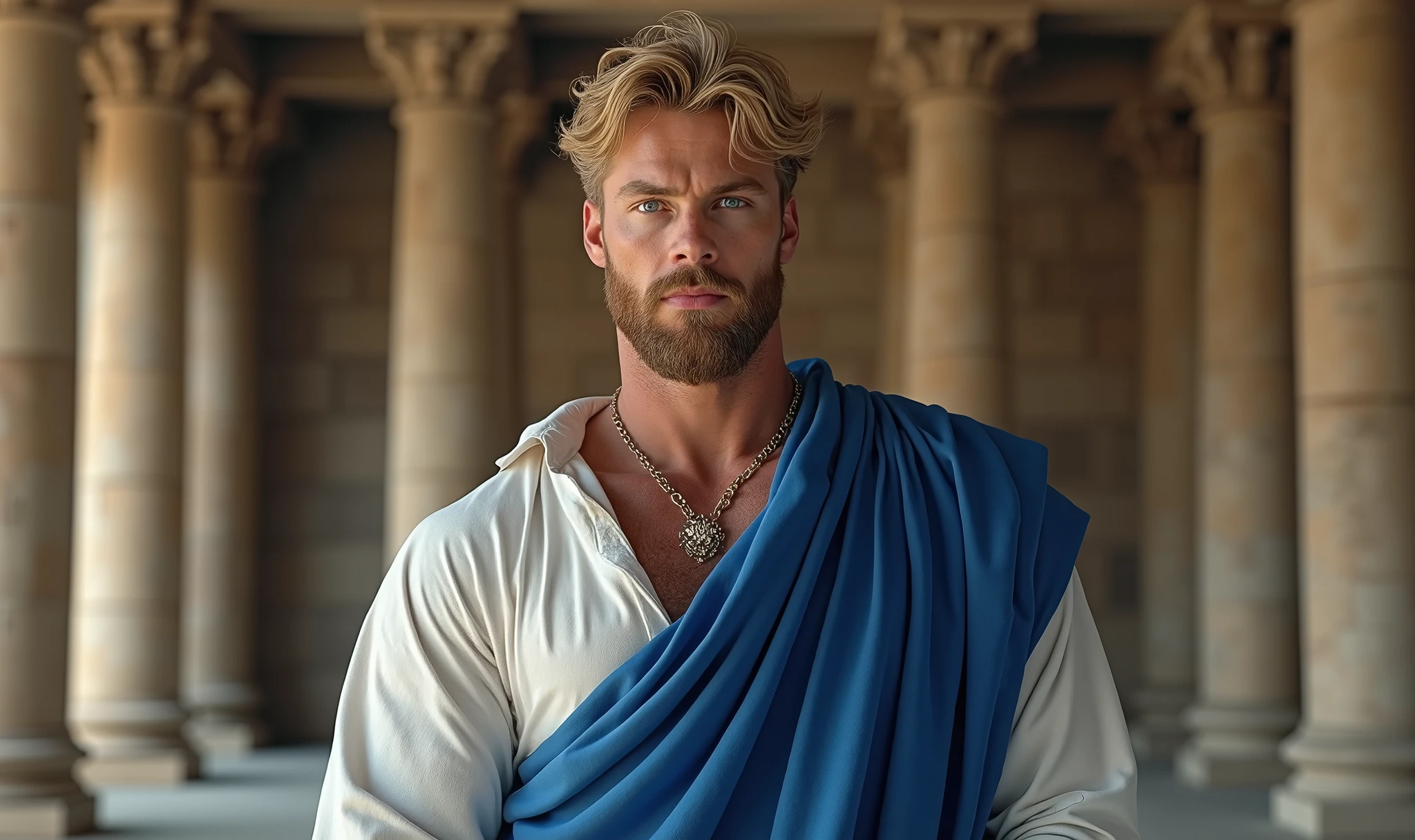 ((thor)), (man:1.5),1 man,male, muscle, 1 chico, muscle, pectoral, muscular, Mature man, 25 years,1 man,macho man,perfect body,an extremely delicate and beautiful detailed face,((by blond,cute hairstyle,short by blond)),(((blonde very short beard, blonde very short beard))), (((blue_eyes:1.3))),Intricate eyes,beautiful detailed eyes,symmetrical eyes,perfect face, cute hairstyle,perfect proportions, thick, ((detailed face)),macho man, (male Caucasian Prince),Prince, (((shiny skin:1.5,tanned skin,shiny skin: 1.5,tanned skin,shiny skin,very shiny skin,shiny body))),powerful,heroic,NSFW, Caucasian,elegant, (open to that, Arabic fashion,Arabic for that, Cowboys,White shirt, Masculine traits, modern style,Arabic clothing),(((blue toga, blue toga suit, wearing a blue toga:1.3,arab blue toga))),(arabic jewelry,Intricate necklace),((bulge in pants)),(((Intricate outfit,Intricate clothes,embellished suit))), (dynamic pose:1.0),ashamed,(centered,Scale to fit dimensions,rule of thirds), inside,interior,((room in a greek temple:1.3,columns of a greek temple:1.3)),scenery:1.25,((Intricate scenery)),((winter decorations)), (Bright winter decorations),High resolution,sharp focus,(ultra detailed,extremely detailed),(photorealistic artwork:1.37),(extremely detailed CG unity 8k wallpaper),(((vibrant colors,vibrant theme))),(Intricate),(masterpiece),(Best Quality),