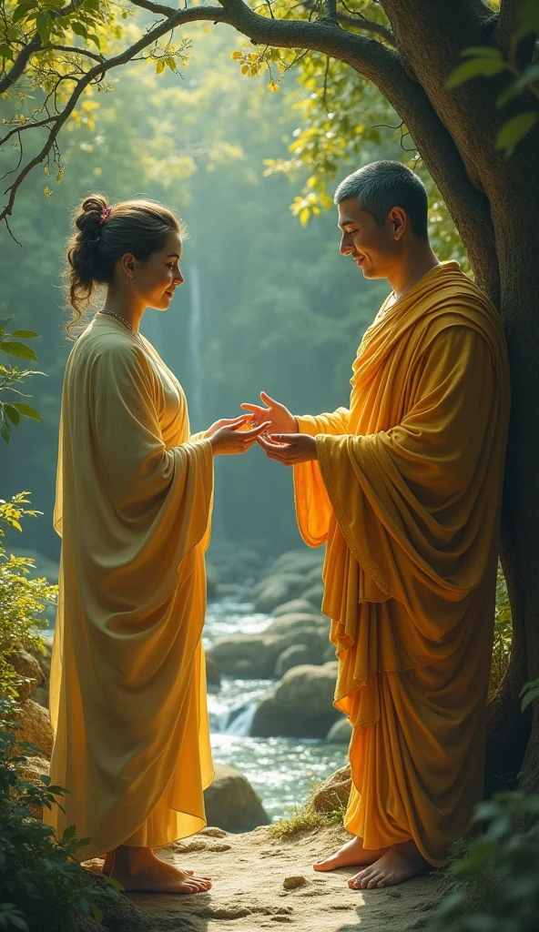 The woman returns to Gautam Buddha, her face now calm and accepting, as Buddha gently teaches her the lesson of compassion and acceptance.