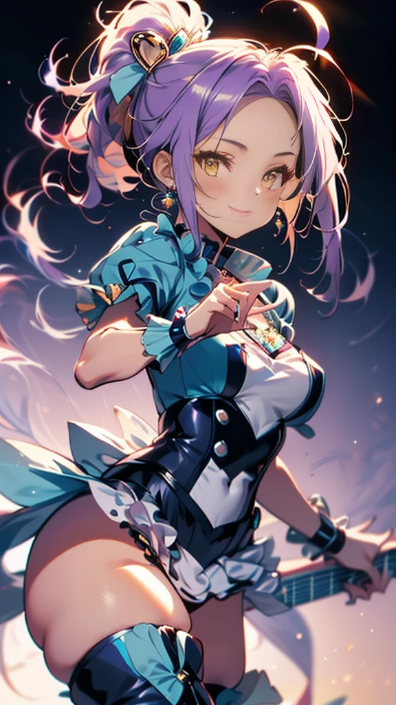 One girl, masterpiece, Highest quality, (Super detailed), Beautiful body, (Perfect Anatomy:1.2), Beautiful face and eyes, ((pastel colour)) , Perfect lighting, (figure:1.1),
(smile:1.1), cute, Happy,
(Dynamic configuration:1.1), (Dynamic pose:1.1), (cute pose:1), (Dutch Angle:1.2), action, Cowboy Shot,
stream, (no gravity:1.2),
rainbow, break,
(Colorful Rings Background), (Note:1.45)
(streamlined colorful background), (Floating sensation 1.2), (Model pose:0.5), (I love guitar rod:1.4), (I'm playing the guitar:1.5), Flat Chest, Kneel,
Cure Beat, Purple Hair, Side Ponytail, 1 Ahoge, Thigh-high boots, puffy short sleeve, Wrist cuff, ribbon, jewelry, Yellow Eyes, Heart Hair Ornament, (Golden Ratio:1.25)