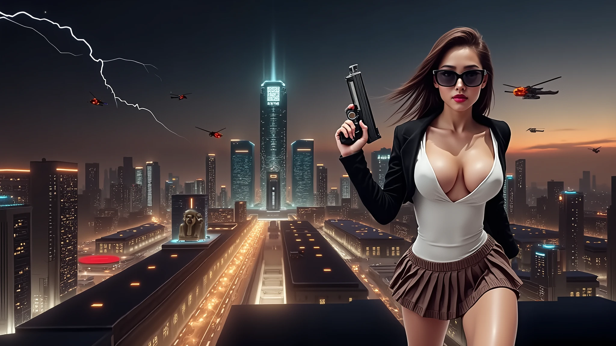 Futuristic cityscapes with colorful all-glass outlined towering skyscrapers with lightning, flying vehicle. High-resolution OLED GUI interfaces in the building, The windows are filled with transparent data visualization infographics that show it all, ancient Egyptian fantasy arts, ancient Egyptian statue, (ancient Egyptian hieroglyphics), sphinx, pyramid. Colors are saturated and vibrant. At night, (1girl, solo, alone), photorealistic, large-breast slim:0.6 body, oval:0.5 face, cleavage:1.1, very low angle view of pleated miniskirt, deep-v, (upskirt), glove, (Matrix style black micro sunglasses), (aiming viewer with a short gun), dynamic running pose, ((half-body thigh level close-up shot)), cinematic lighting, ray tracing, motion blur background.