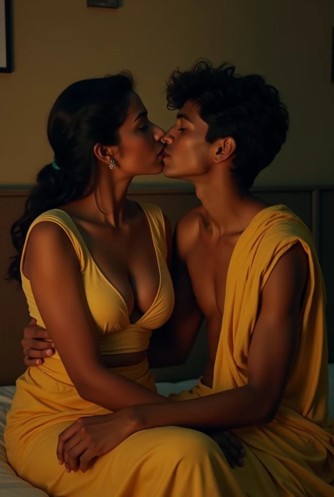 photo of Hot Indian Mature Aunty, Dusky Skin, Wearing Tight Yellow Kurti with Thin White Stole around her Head, Large U Cut Cleavage Exposed, Hair Tied behind, Sitting on Bed, Kissing a Slim Young Boy Sensually, Dim light in the room.