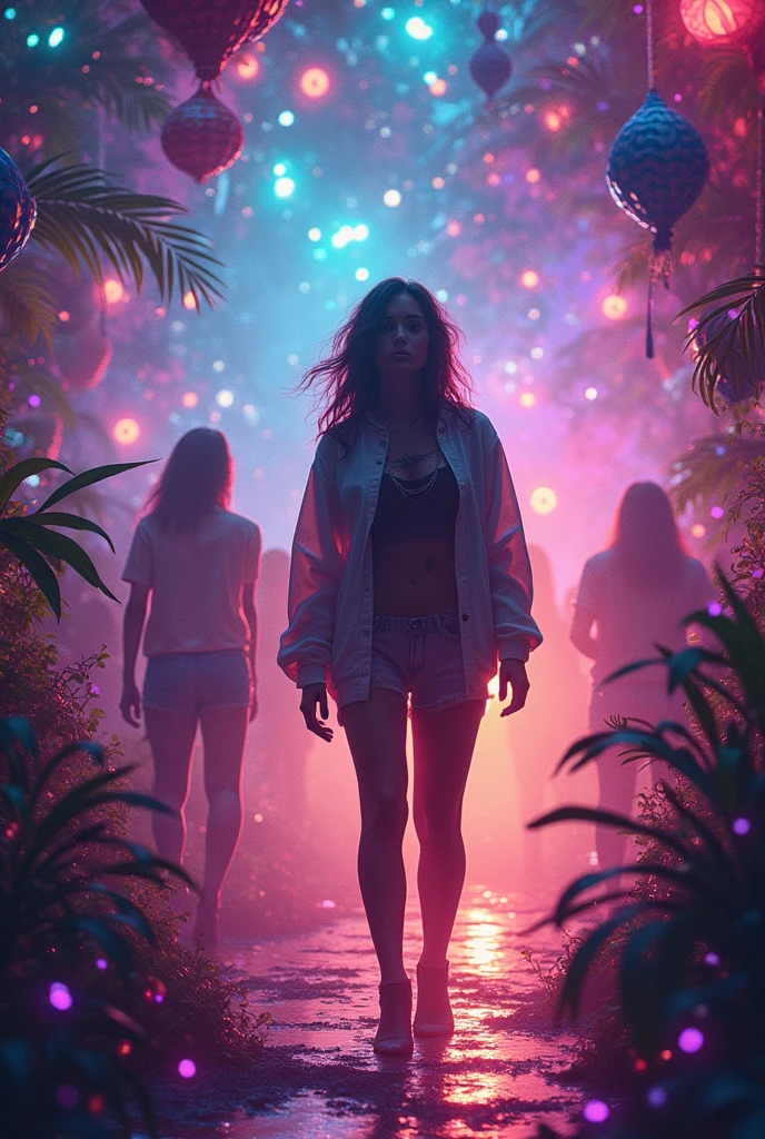 Person having new experiences at a party, with a psychedelic theme in vibrant colors, with the title of new experiences