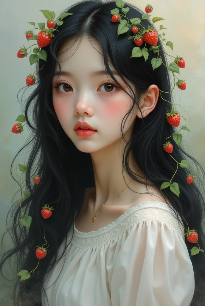 a girl with long black haired with strawberries on her hair wears white blouse