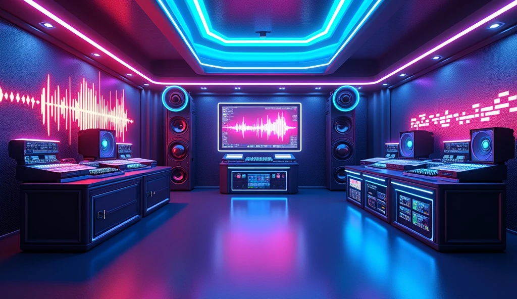 "Create a vibrant and modern EDM music studio scene. The room should feature sleek, futuristic design elements with neon lighting in shades of electric blue and purple, casting a glow over high-tech DJ equipment, synthesizers, and mixing consoles. Include large speakers and digital sound panels on the walls, with a dynamic visualizer displaying soundwaves and beats in the background. The atmosphere should be energetic, capturing the intensity and creativity of an EDM music production environment."