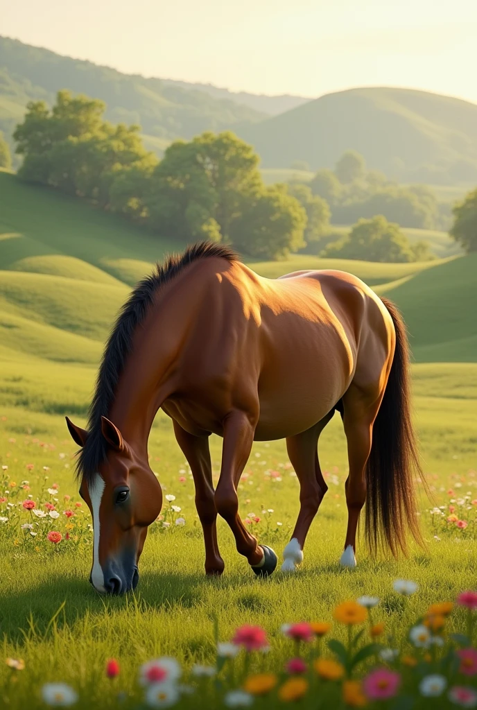 A beautiful horse grazing on the beautiful field .
