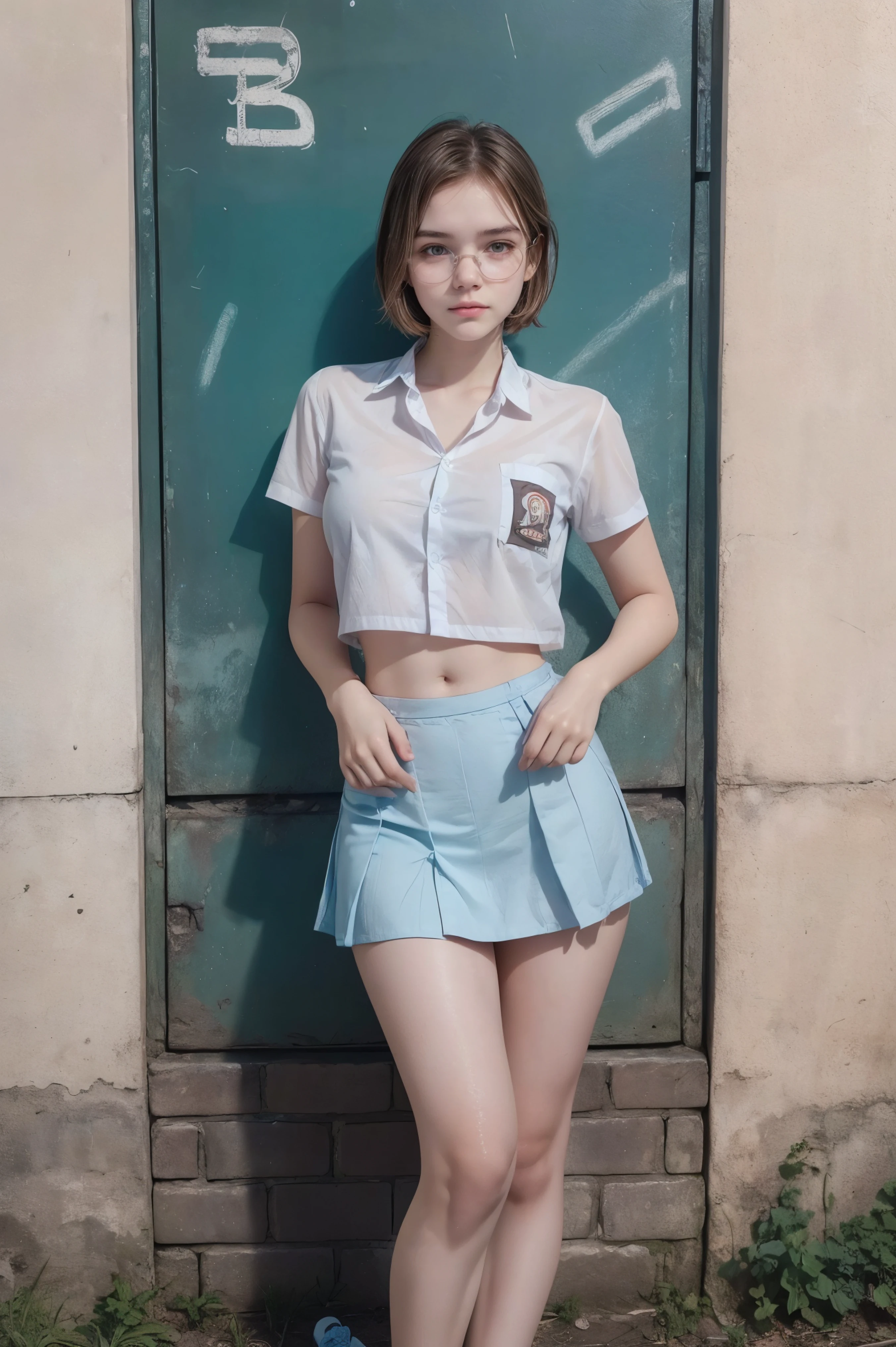 1 girl, (((at park))), (transparent white shirt), (wet shirt), (mini skirt), (pastel blue skirt), RAW photo, (photorealistic:1.37, realistic), highly detailed CG unified 8K wallpapers, 1girl, ((slender body:1)), (small breasts:1.3), looking at viewer, ((straight from front)), (HQ skin:1.2), (clean skin:1.2), 8k uhd, dslr, soft lighting, high quality, film grain, Fujifilm XT3, (full body:0.8) , tokyolagii , (bold glasses), full body in, perfect body, two legs, long legs, naval, (wide waist:1.2), (big tigh:1.3), crop top, (cleavage:0.7), sad, blushing, short hair, Barbara Palvin, school backyard, againts a cement wall, plants